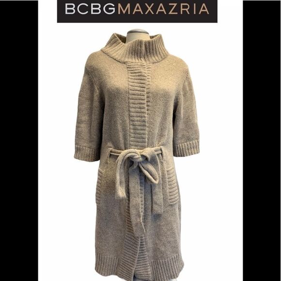 Bcbgmaxazria angora beige tan brown sweater belted high neck button closure L - Picture 1 of 12